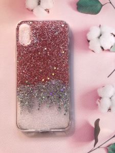 Силіконовий чохол з блискітками для iPhone X/Xs Амбре срібно-рожеве