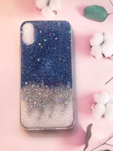 Силіконовий чохол з блискітками для iPhone XS MAX Амбре срібно-синя