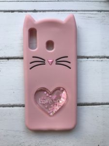 Чохол силіконовий 3D Case з рухливими блискітками на Samsung Galaxy А30 2019 / А20 2019 Кіт рожевий
