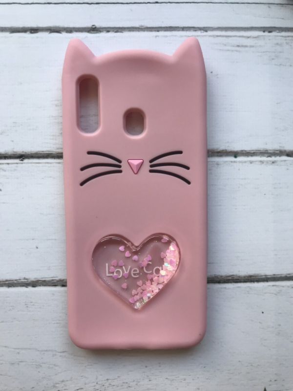Чохол силіконовий 3D Case з рухливими блискітками на Samsung Galaxy А30 2019 / А20 2019 Кіт рожевий