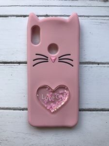 Силіконовий чохол 3D з рухливими блискітками на Huawei Y6 2019 Кіт рожевий