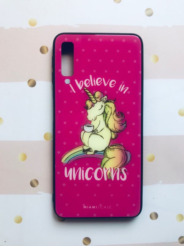 Силіконовий чохол Glass case зі скляною задньою панеллю для Samsung Galaxy A7(2018) A750 Рожевий Єдиноріг
