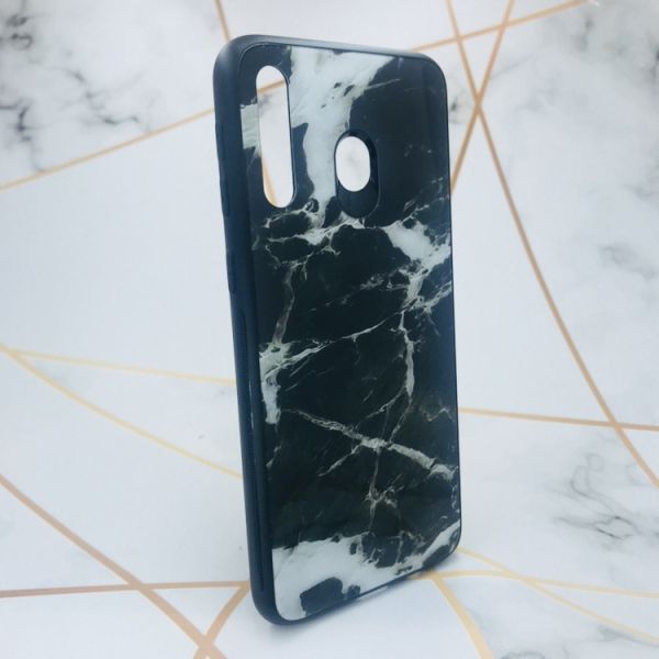 Силіконовий чохол Glass case зі скляною задньою панеллю для Samsung Galaxy M30 Мармур чорний