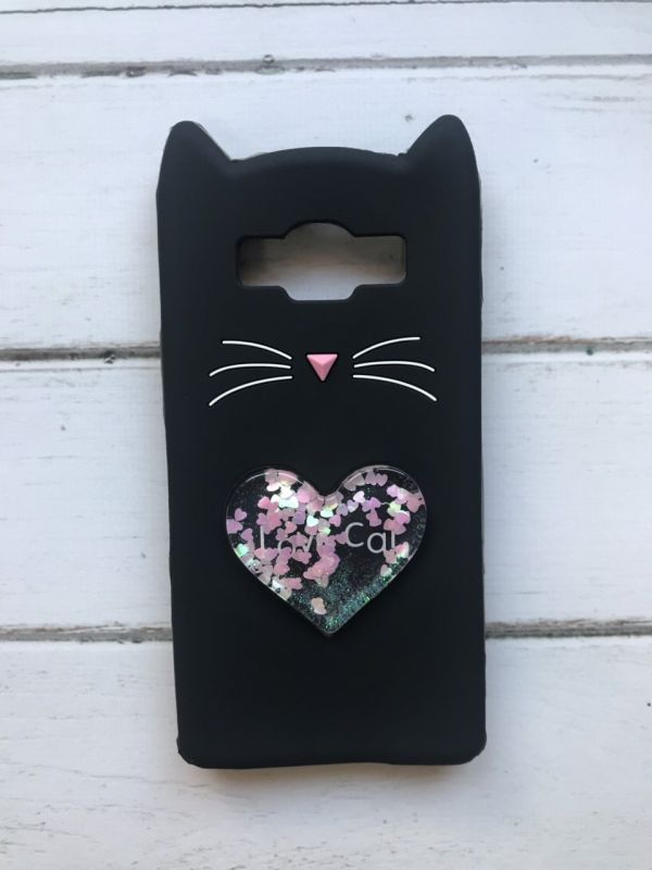Чохол силіконовий 3D Case з рухливими блискітками на Samsung Galaxy Grand Prime G530 / J2 Prime Кіт чорний