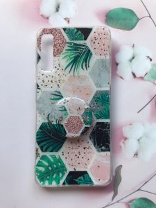 Мармуровий силіконовий чохол з блискітками в комплекті з тримачем для Samsung Galaxy A7(2018) A750 Зелений