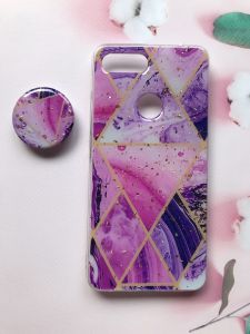 Мармуровий силіконовий чохол з блискітками в комплекті з тримачем для Xiaomi Мі 8 lite Фіолетовий