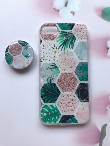 Мармуровий силіконовий чохол із блискітками в комплекті з тримачем для iPhone 7 7s 8 8s Зелений