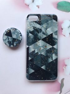 Мармуровий силіконовий чохол із блискітками в комплекті з тримачем для iPhone 7 7s 8 8s Чорний