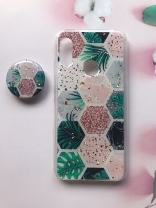 Мармуровий силіконовий чохол з блискітками в комплекті з тримачем для Xiaomi Redmi 6 Pro / A2 lite Зелений