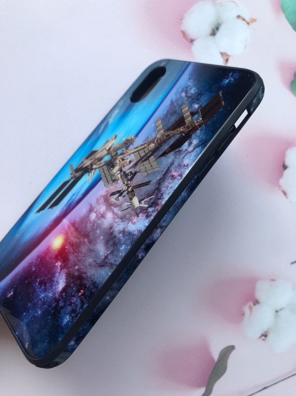 Силіконовий чохол Glass case зі скляною задньою панеллю і бампером для iPhone X / Xs Космічний апарат
