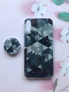 Мармуровий силіконовий чохол із блискітками в комплекті з тримачем для Apple iPhone X/Xs Чорний