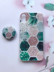 Мармуровий силіконовий чохол із блискітками в комплекті з тримачем для Apple iPhone X/Xs Зелений