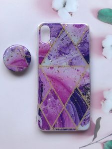 Мармуровий силіконовий чохол з блискітками в комплекті з тримачем для iPhone XR Фіолетовий