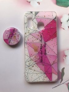 Мармуровий силіконовий чохол з блискітками в комплекті з тримачем для Samsung Galaxy А30 А305 / A20 Рожевий