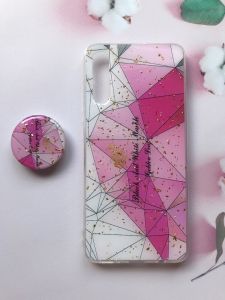 Мармуровий силіконовий чохол з блискітками в комплекті з тримачем для Samsung Galaxy А50 (2019) А505 Рожевий
