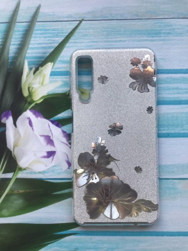 Силіконовий чохол Shine Silicone Case для Samsung Galaxy A7(2018) A750 Срібний з квітами