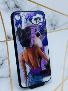 Силіконовий чохол Glass case зі скляною задньою панеллю для iPhone 7, 8 Дівчина з котом