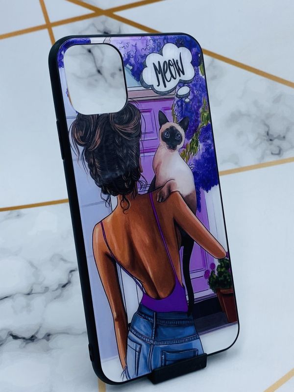 Силіконовий чохол Glass case зі скляною задньою панеллю для Apple iPhone 11 Pro Max (6,5) Дівчина з котом