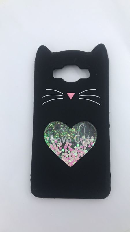 Силіконовий чохол 3D Case з плаваючими блискітками на SAMSUNG Galaxy J7 Кіт чорний