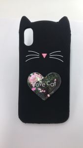 Силіконовий чохол 3D Case з блискітками, що переливаються, для iPhone X/Xs Кіт чорний