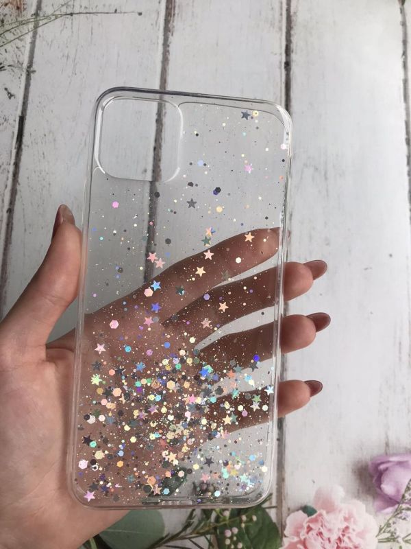 Силіконовий чохол з блискітками для iPhone 11 Pro Max (6,5) Срібло на прозорому