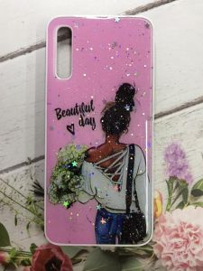 Силіконовий чохол з принтом та блискітками на Samsung Galaxy A50 2019 A505F Дівчина з квітами