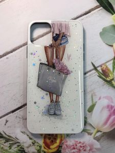 Силіконовий чохол з принтом та блисками для Apple iPhone 11 Pro Max (6,5) Дівчина з сумкою