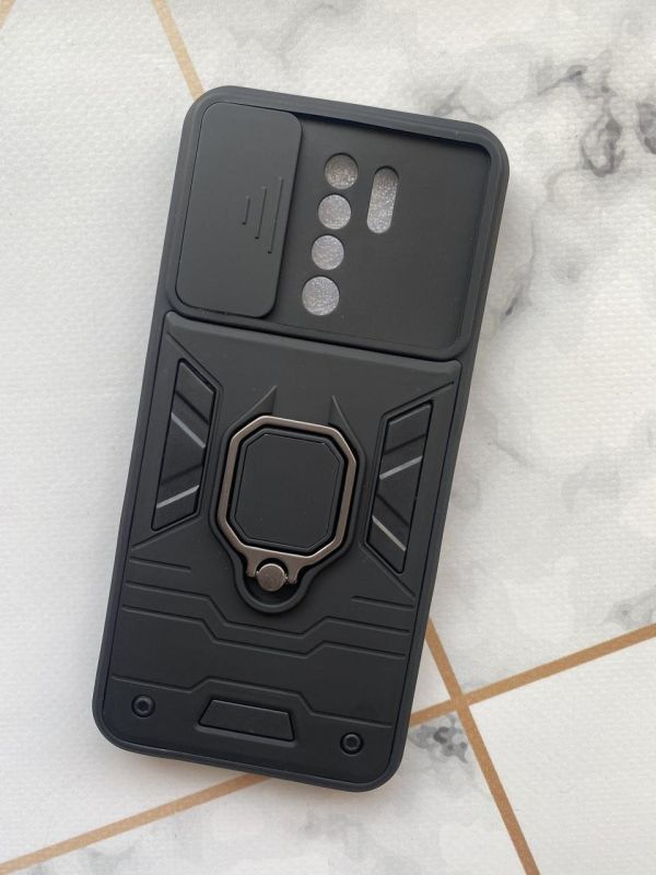 Силиконовый чехол со слайд-камерой и кольцом-подставкой для  Xiaomi Redmi 9 Черный