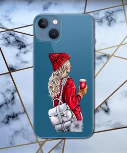 Прозорий чохол для iPhone 13 з об'ємним друком "Дівчина з рюкзаком" принт 9