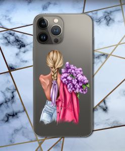 Прозорий чохол для Apple iPhone 13 Pro з об'ємним друком "Дівчина з бузком" принт 7