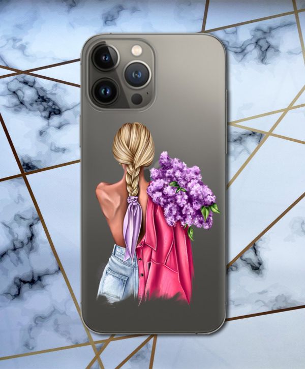 Прозорий чохол для Apple iPhone 13 Pro з об'ємним друком "Дівчина з бузком" принт 7