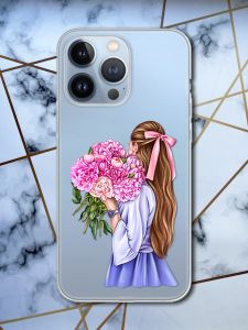 Прозорий чохол для Apple iPhone 13 Pro з об'ємним друком "Дівчина з півоніями" принт 11