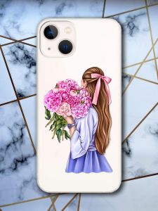 Прозорий чохол для iPhone 13 mini з об'ємним друком "Дівчина з півоніями" принт 11