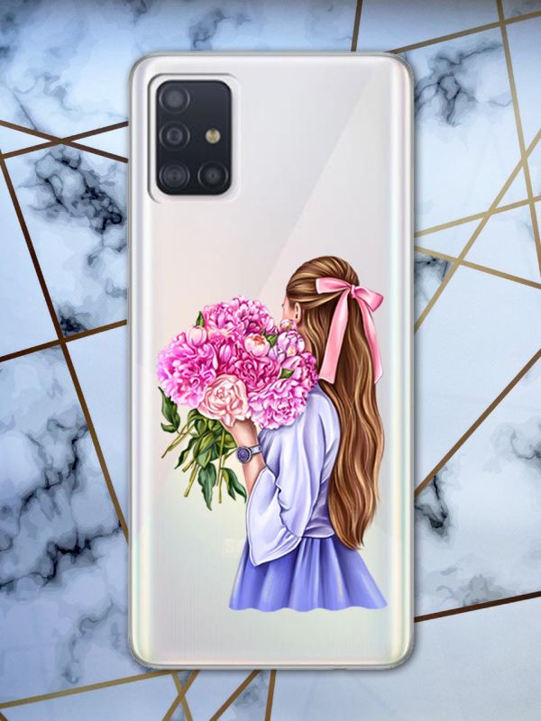 Прозорий чохол для  Samsung Galaxy А51 з об'ємним друком "Дівчина з півоніями" принт 11