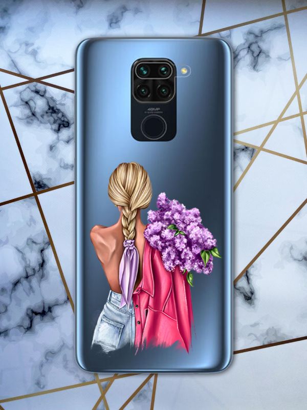 Прозорий чохол для Xiaomi Redmi Note 9 з об'ємним друком "Дівчина з бузком" принт 7