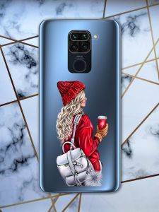 Прозорий чохол для Xiaomi Redmi Note 9 з об'ємним друком "Дівчина з рюкзаком" принт 9