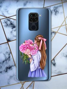 Прозорий чохол для Xiaomi Redmi Note 9 з об'ємним друком "Дівчина з півоніями" принт 11