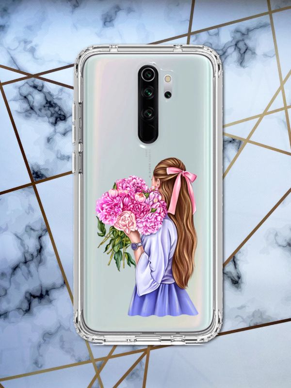Прозорий чохол для Xiaomi Redmi 9 з об'ємним друком "Дівчина з півоніями" принт 11