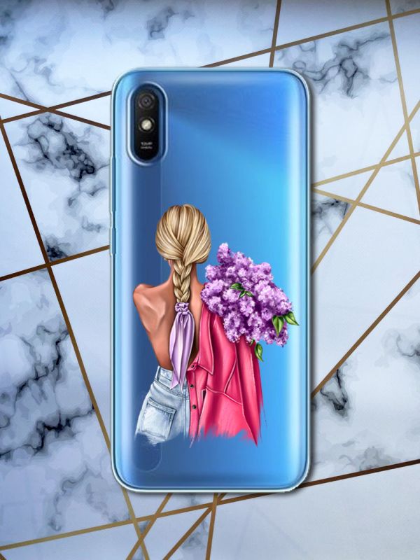 Прозорий чохол для Xiaomi Redmi 9A з об'ємним друком "Дівчина з бузком" принт 7