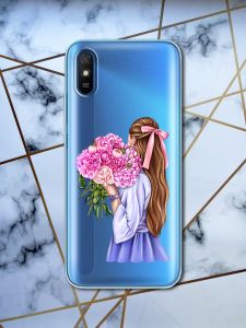 Прозорий чохол для Xiaomi Redmi 9A з об'ємним друком "Дівчина з півоніями" принт 11
