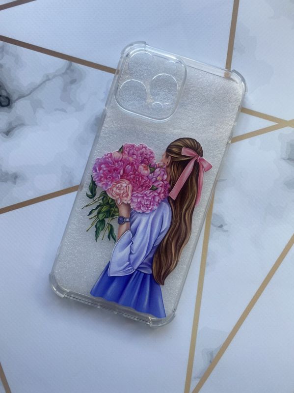 Чохол з потовщеними кутами для  Apple iPhone 13 Pro Max з об'ємним друком "Дівчина з півоніями" принт 11