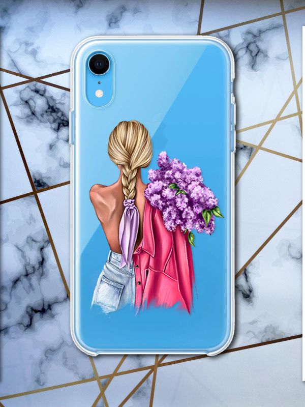 Прозорий чохол для iPhone XR з об'ємним друком "Дівчина з бузком" принт 7
