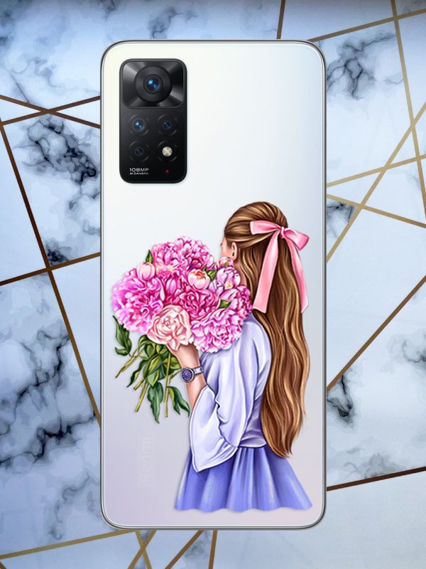 Прозорий чохол для Xiaomi Redmi Note 11 5G з об'ємним друком "Дівчина з півоніями" принт 11