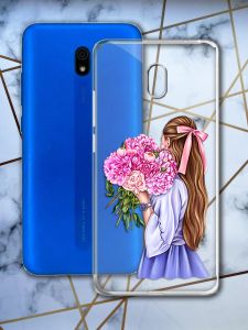 Прозорий чохол для Xiaomi Redmi 8A з об'ємним друком "Дівчина з півоніями" принт 11