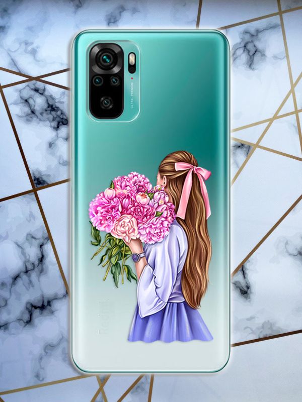 Прозорий чохол для Xiaomi Redmi Note 10 / Note 10s з об'ємним друком "Дівчина з півоніями" принт 11