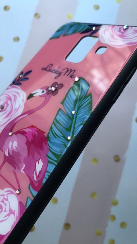 Глянцевий захисний чехол, прикрашені камінням, для Samsung Galaxy A6 (2018) / A600F Фламінго на рожевим