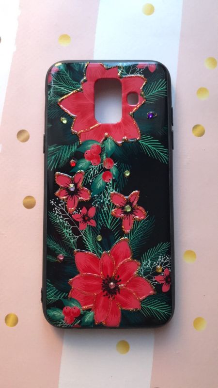 Силиконовий чохол, прикрашені камінням, для Samsung Galaxy A6 (2018) / A600F Червоні квіти на чорному