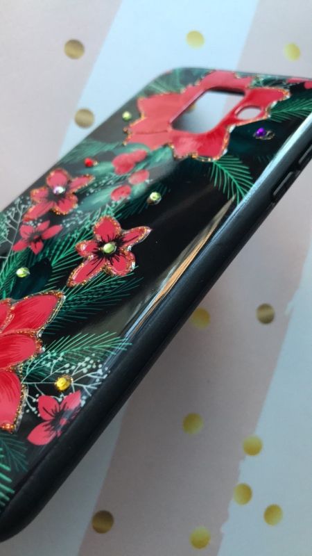 Силиконовий чохол, прикрашені камінням, для Samsung Galaxy A6 (2018) / A600F Червоні квіти на чорному