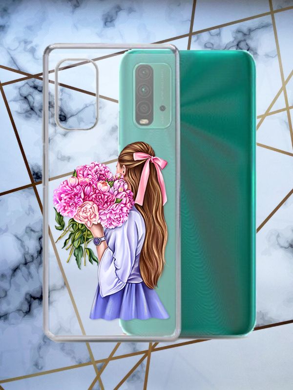 Прозорий чохол для Xiaomi Redmi 9T з об'ємним друком "Дівчина з півоніями" принт 11
