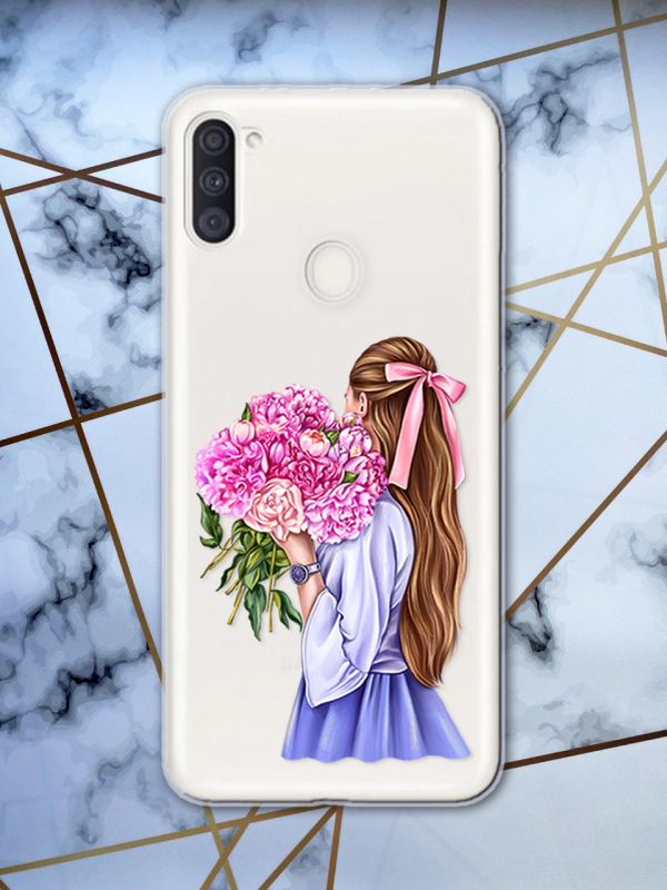 Прозорий чохол для Samsung Galaxy А11 з об'ємним друком "Дівчина з півоніями" принт 11